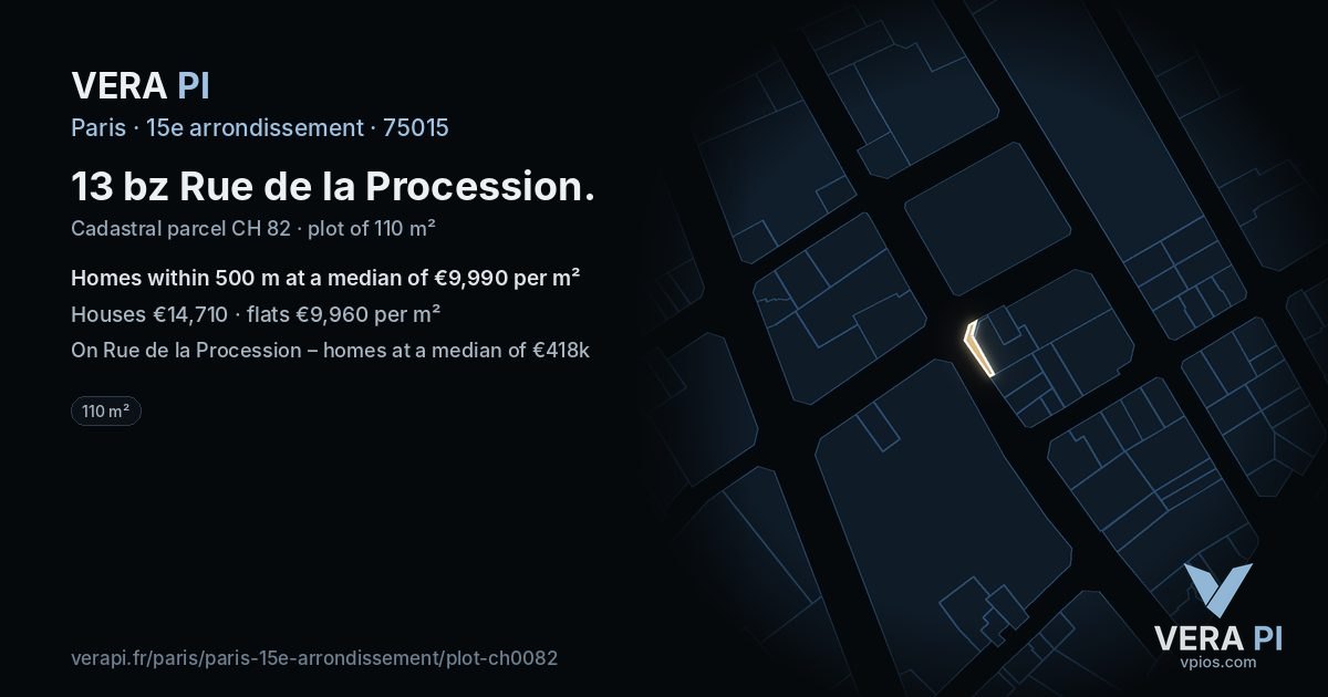 13 bz Rue de la Procession, 15e arrondissement at night – the plot lit, the parcels around coloured by the prices near them