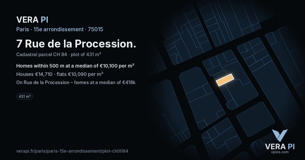 7 Rue de la Procession, 15e arrondissement at night – the plot lit, the parcels around coloured by the prices near them