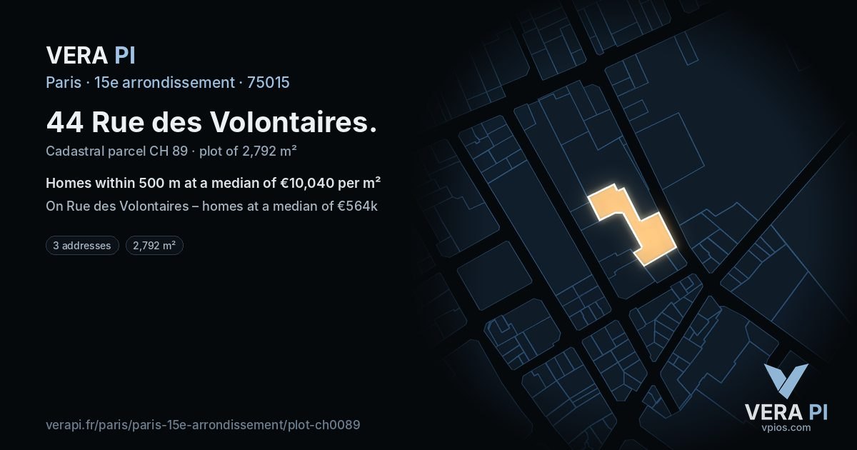 44 Rue des Volontaires, 15e arrondissement at night – the plot lit, the parcels around coloured by the prices near them