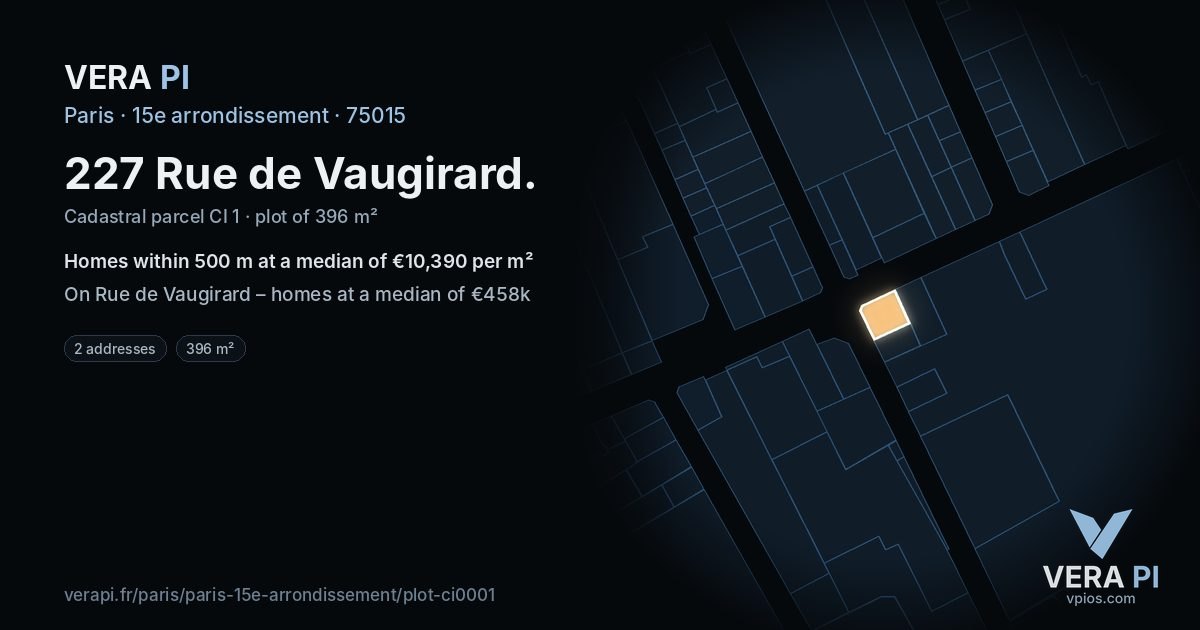 227 Rue de Vaugirard, 15e arrondissement at night – the plot lit, the parcels around coloured by the prices near them