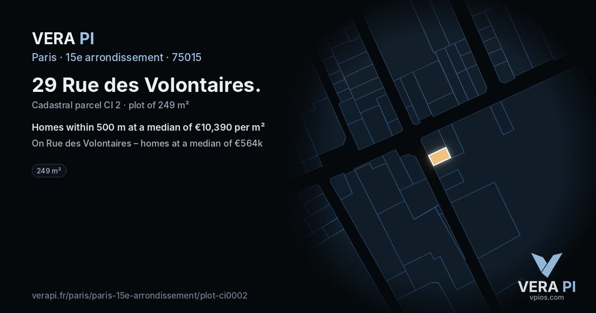 29 Rue des Volontaires, 15e arrondissement at night – the plot lit, the parcels around coloured by the prices near them