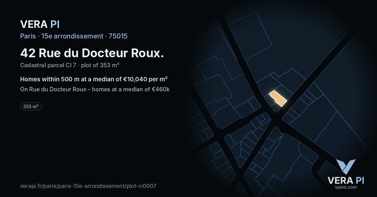 42 Rue du Docteur Roux, 15e arrondissement at night – the plot lit, the parcels around coloured by the prices near them