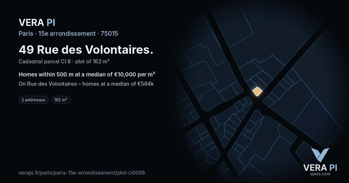 49 Rue des Volontaires, 15e arrondissement at night – the plot lit, the parcels around coloured by the prices near them