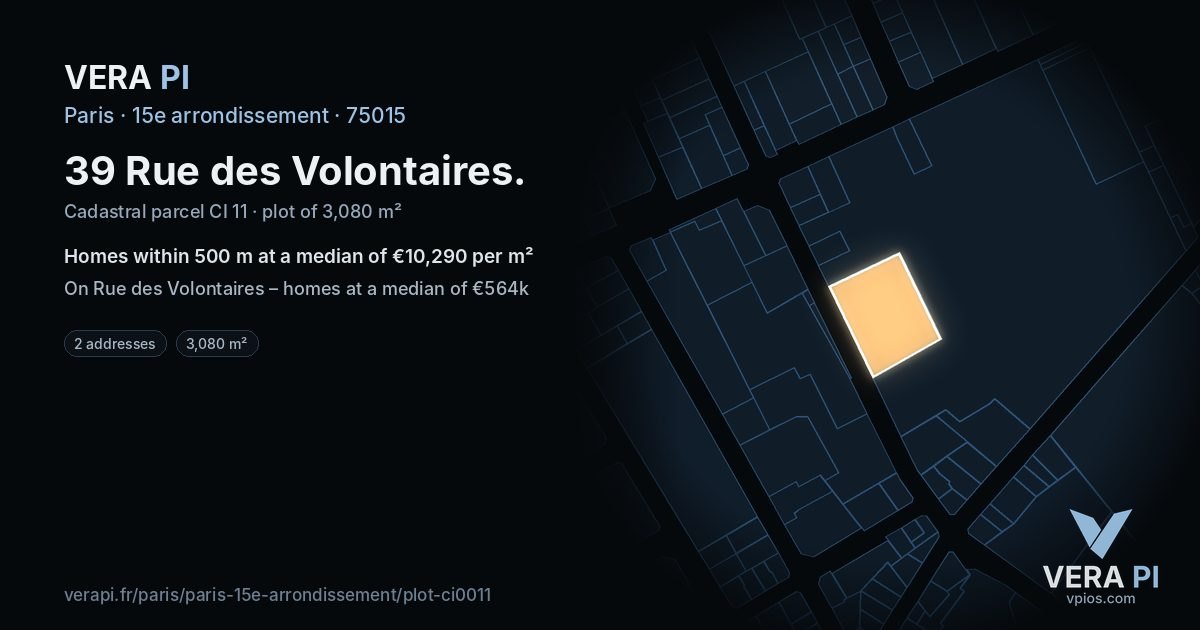 39 Rue des Volontaires, 15e arrondissement at night – the plot lit, the parcels around coloured by the prices near them