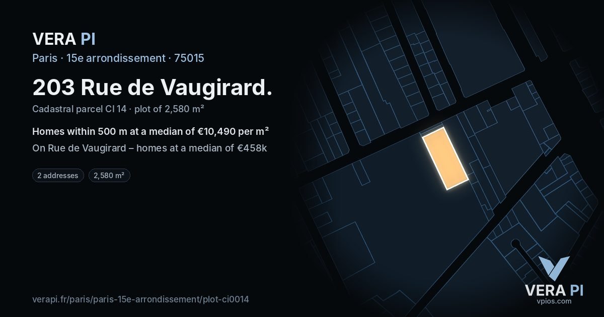 203 Rue de Vaugirard, 15e arrondissement at night – the plot lit, the parcels around coloured by the prices near them