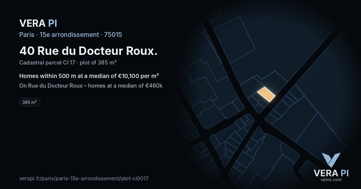 40 Rue du Docteur Roux, 15e arrondissement at night – the plot lit, the parcels around coloured by the prices near them
