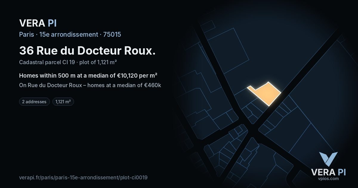 36 Rue du Docteur Roux, 15e arrondissement at night – the plot lit, the parcels around coloured by the prices near them