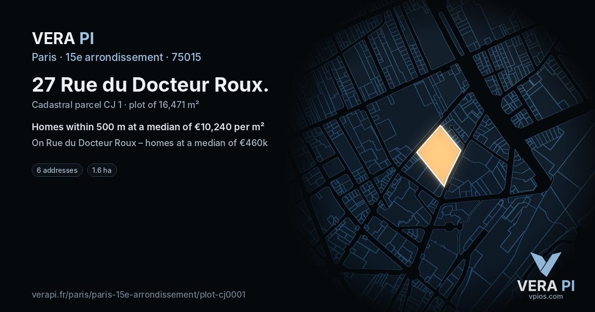 27 Rue du Docteur Roux, 15e arrondissement at night – the plot lit, the parcels around coloured by the prices near them