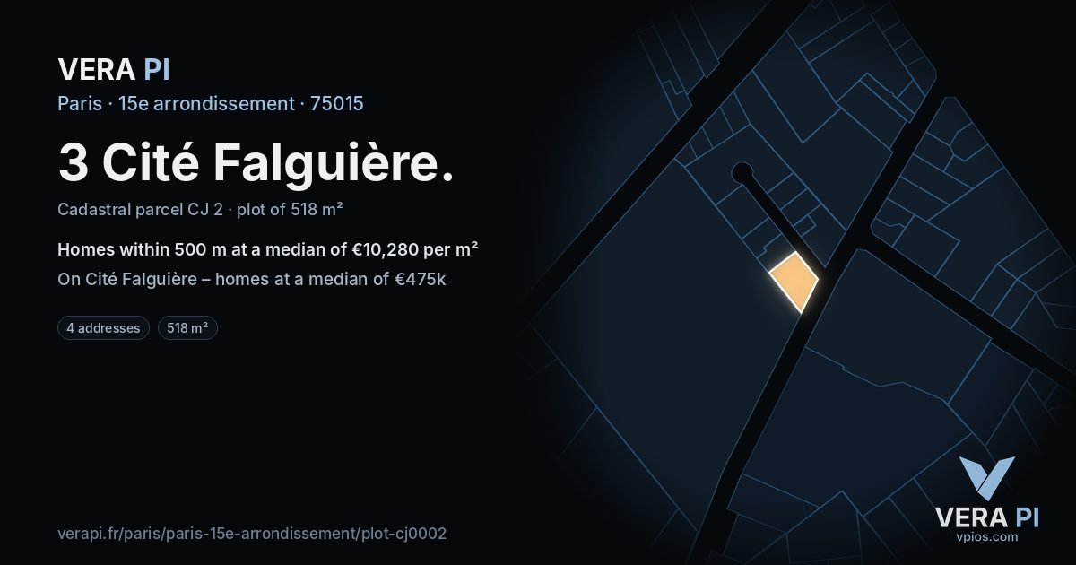 3 Cité Falguière, 15e arrondissement at night – the plot lit, the parcels around coloured by the prices near them