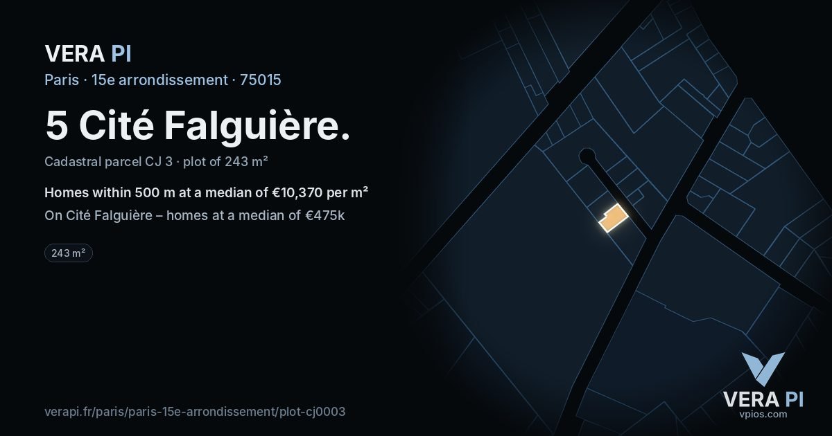 5 Cité Falguière, 15e arrondissement at night – the plot lit, the parcels around coloured by the prices near them