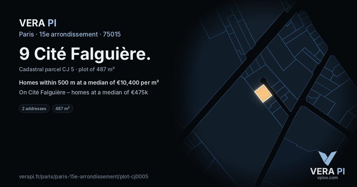 9 Cité Falguière, 15e arrondissement at night – the plot lit, the parcels around coloured by the prices near them