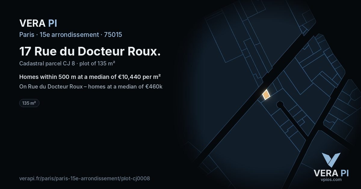 17 Rue du Docteur Roux, 15e arrondissement at night – the plot lit, the parcels around coloured by the prices near them