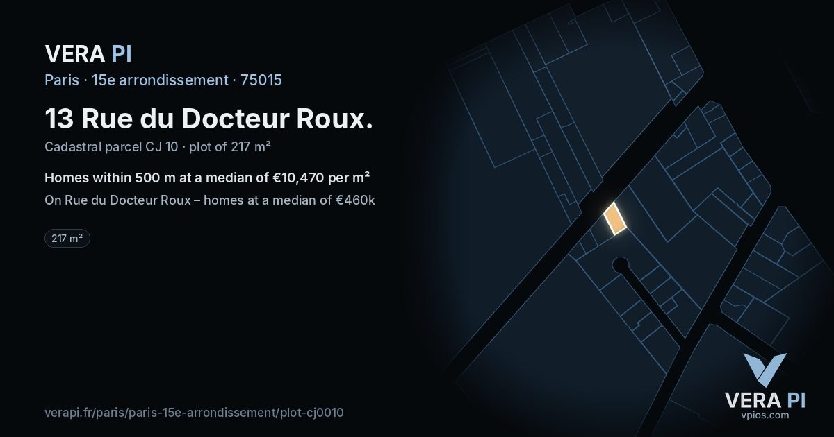 13 Rue du Docteur Roux, 15e arrondissement at night – the plot lit, the parcels around coloured by the prices near them