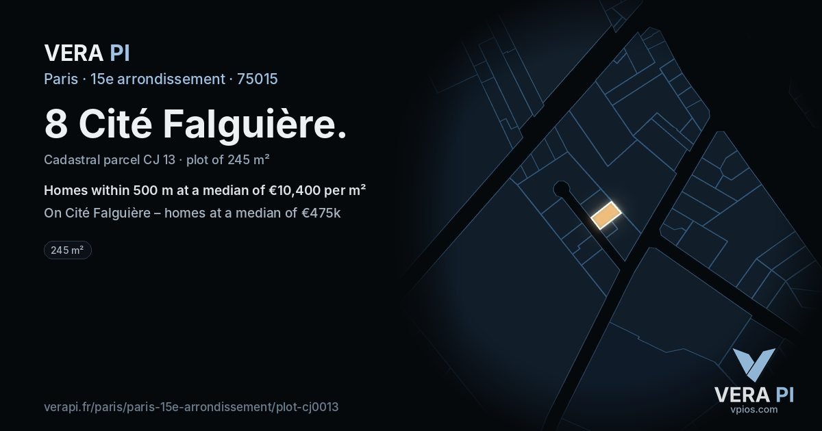 8 Cité Falguière, 15e arrondissement at night – the plot lit, the parcels around coloured by the prices near them