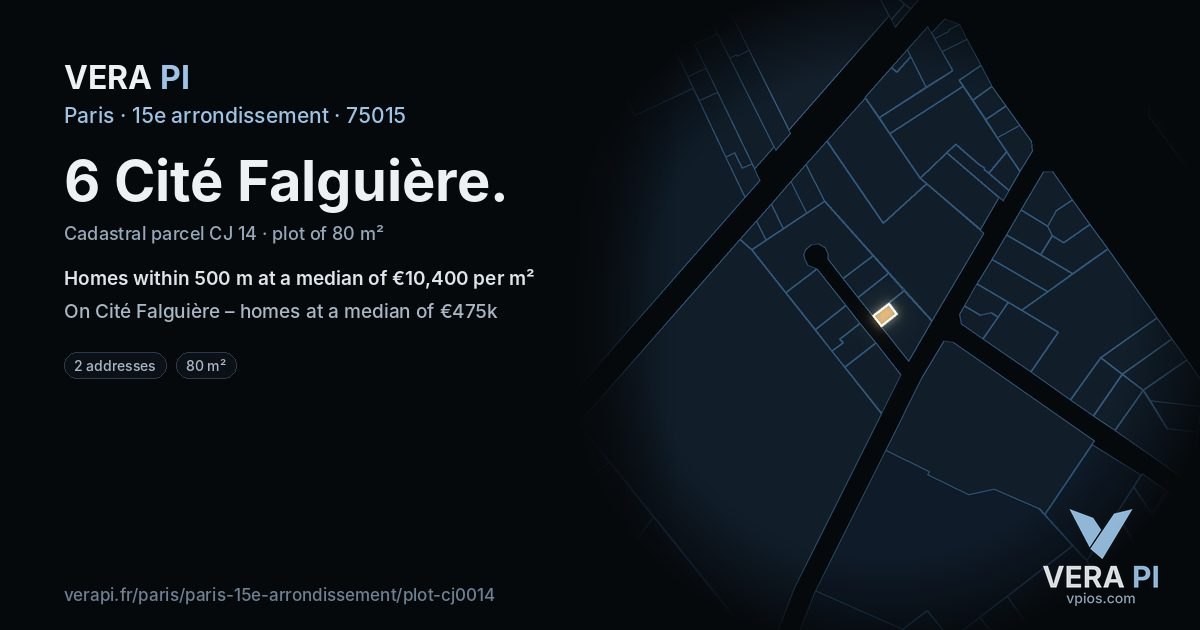 6 Cité Falguière, 15e arrondissement at night – the plot lit, the parcels around coloured by the prices near them