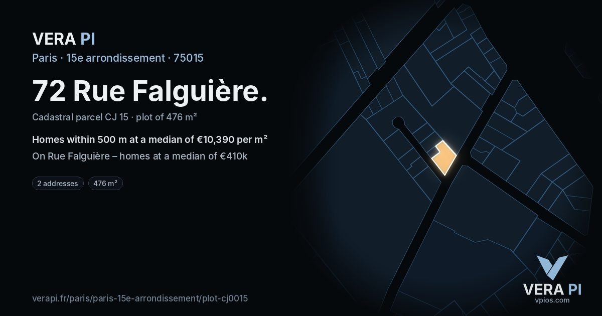 72 Rue Falguière, 15e arrondissement at night – the plot lit, the parcels around coloured by the prices near them