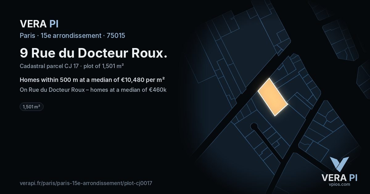 9 Rue du Docteur Roux, 15e arrondissement at night – the plot lit, the parcels around coloured by the prices near them