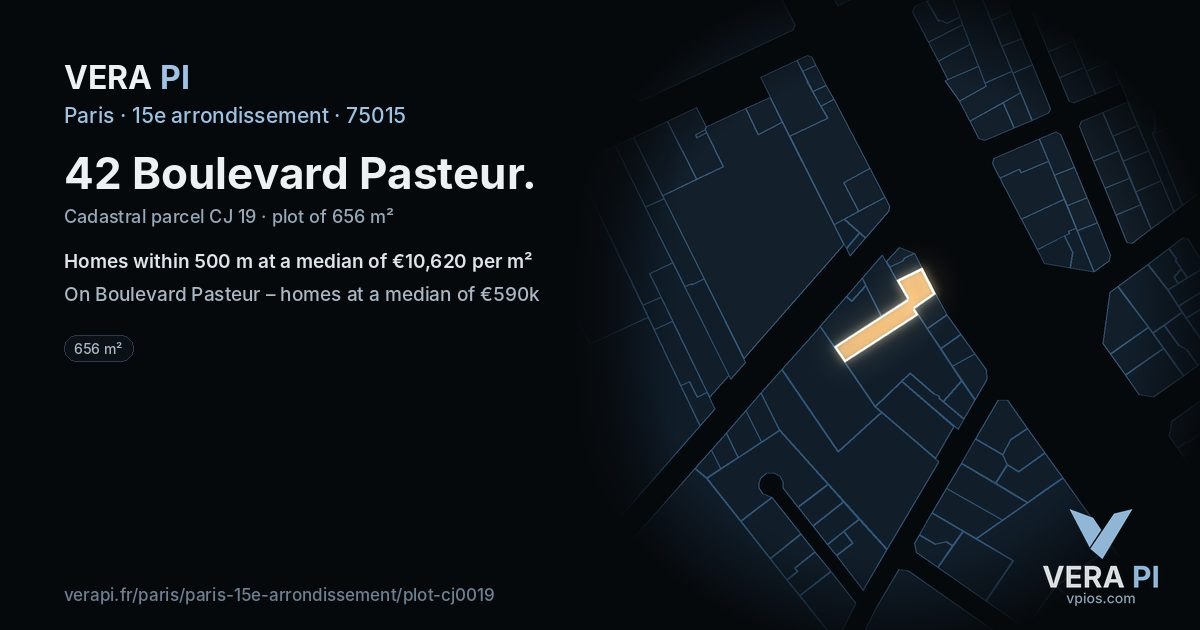 42 Boulevard Pasteur, 15e arrondissement at night – the plot lit, the parcels around coloured by the prices near them