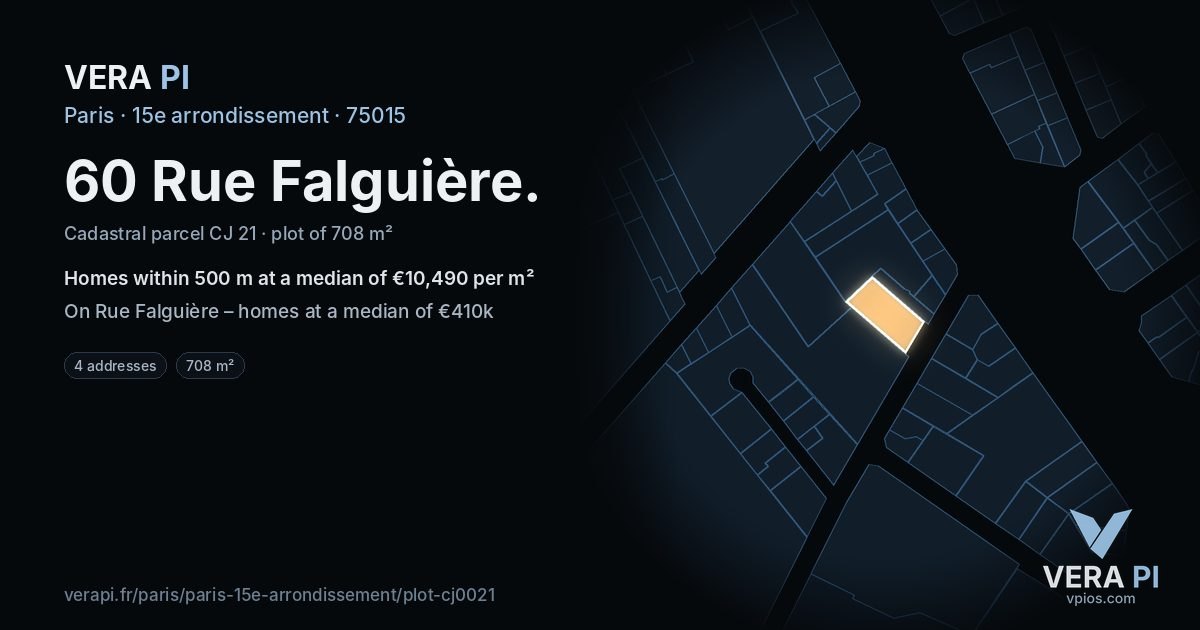 60 Rue Falguière, 15e arrondissement at night – the plot lit, the parcels around coloured by the prices near them