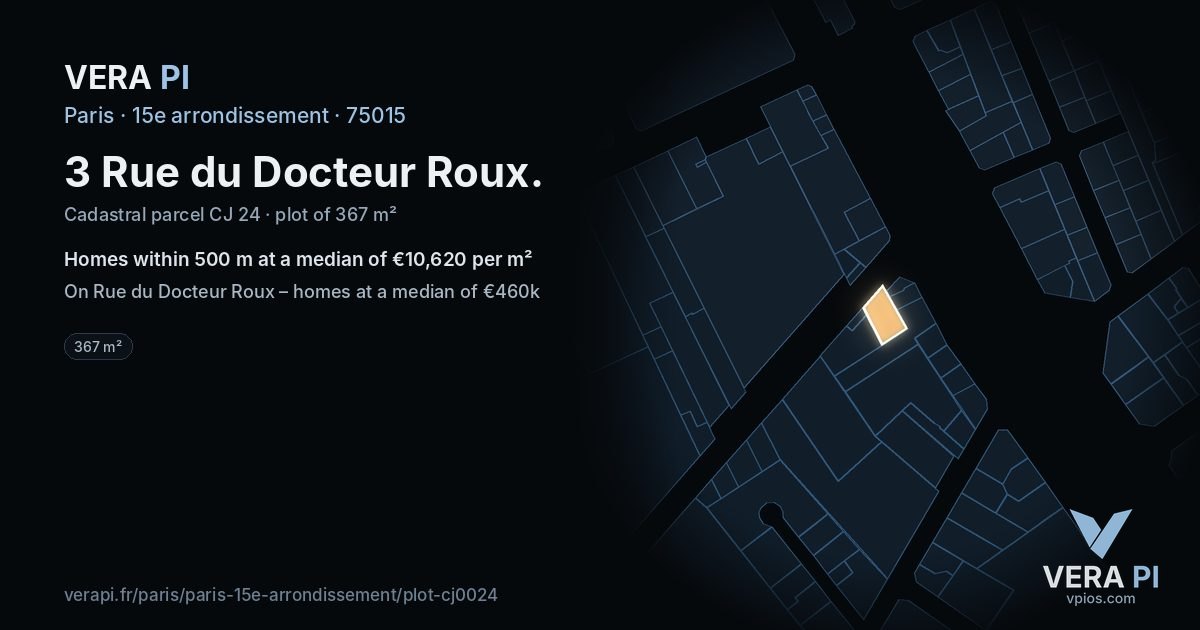 3 Rue du Docteur Roux, 15e arrondissement at night – the plot lit, the parcels around coloured by the prices near them