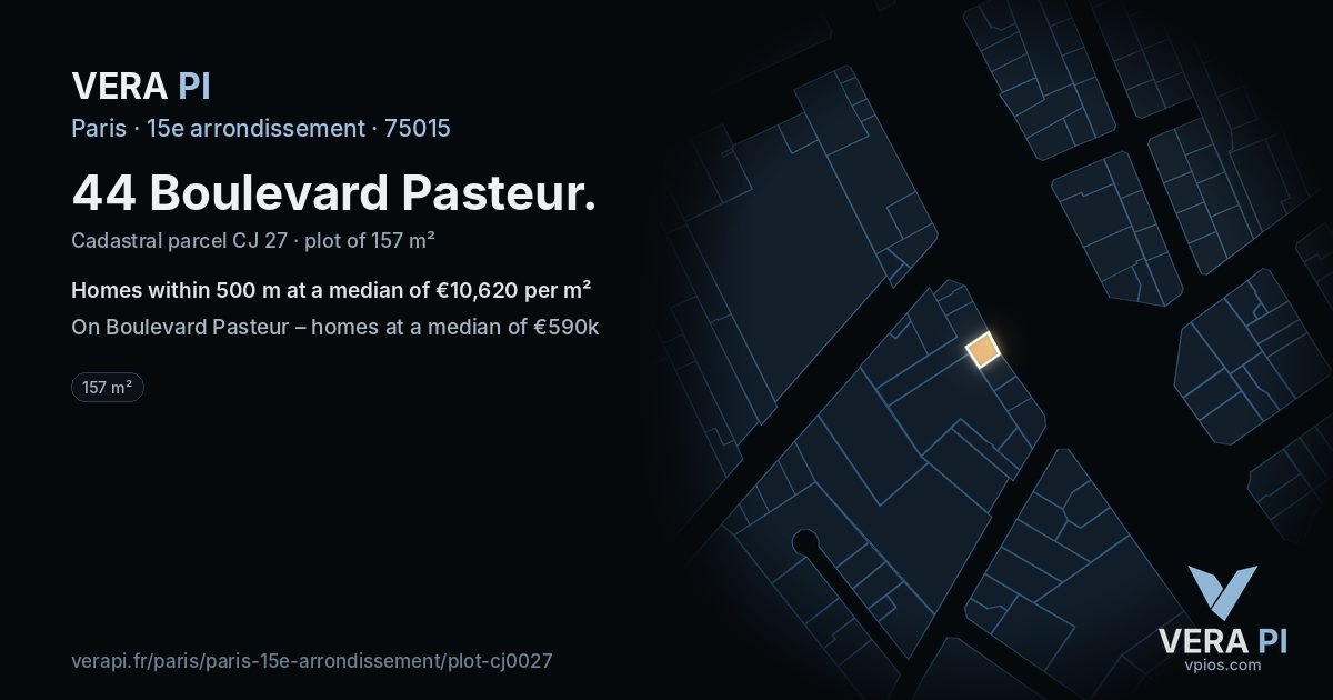 44 Boulevard Pasteur, 15e arrondissement at night – the plot lit, the parcels around coloured by the prices near them