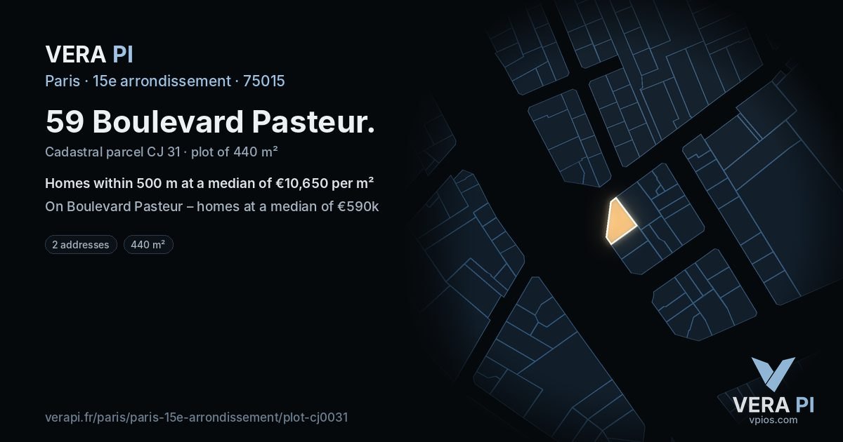 59 Boulevard Pasteur, 15e arrondissement at night – the plot lit, the parcels around coloured by the prices near them