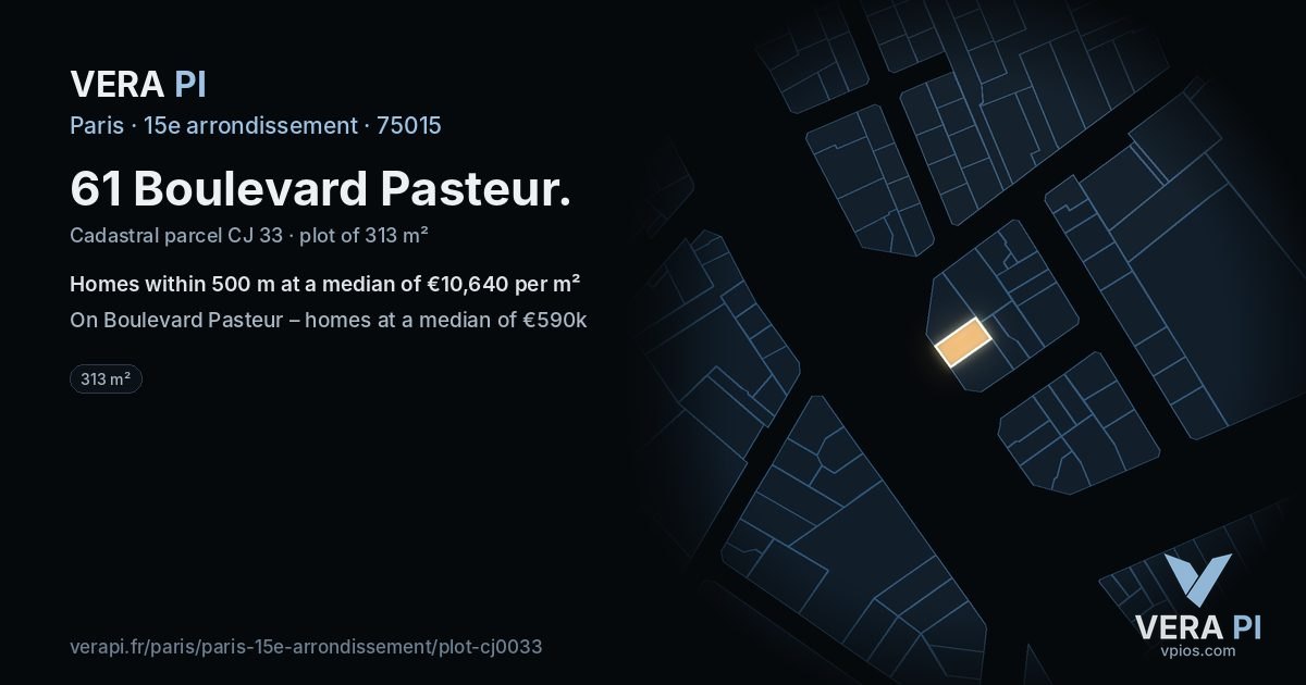 61 Boulevard Pasteur, 15e arrondissement at night – the plot lit, the parcels around coloured by the prices near them