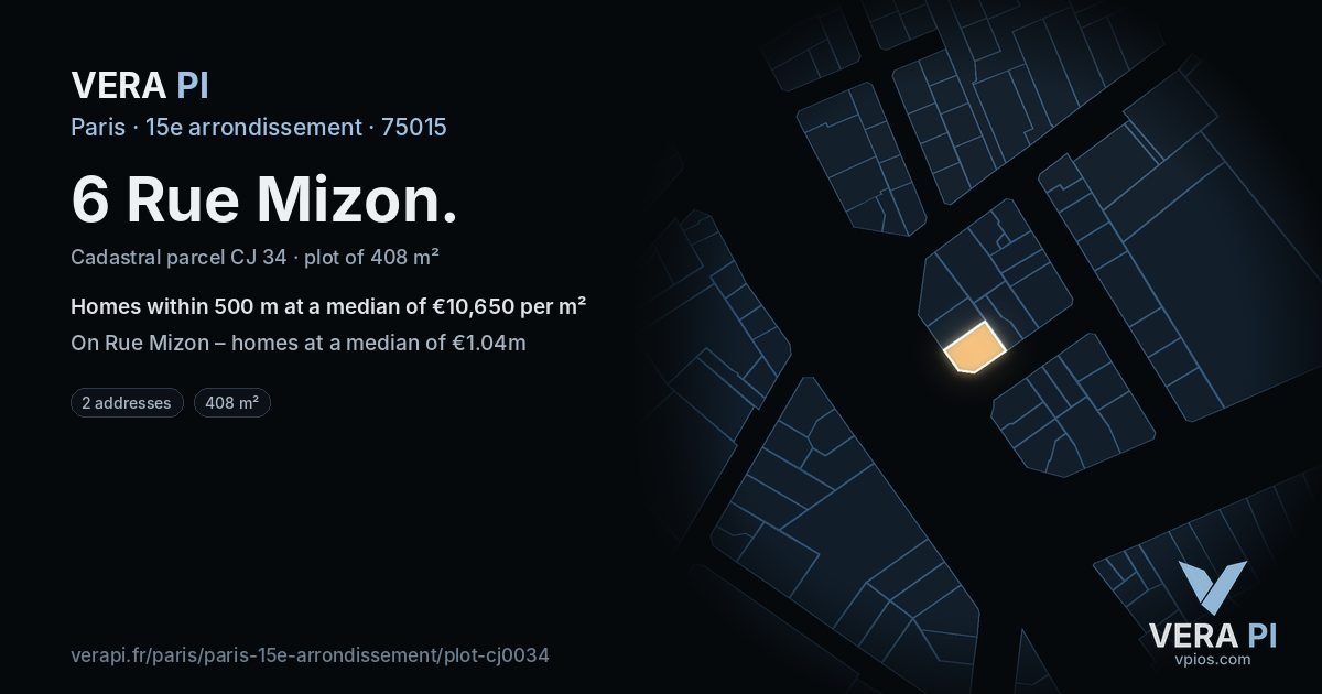 6 Rue Mizon, 15e arrondissement at night – the plot lit, the parcels around coloured by the prices near them