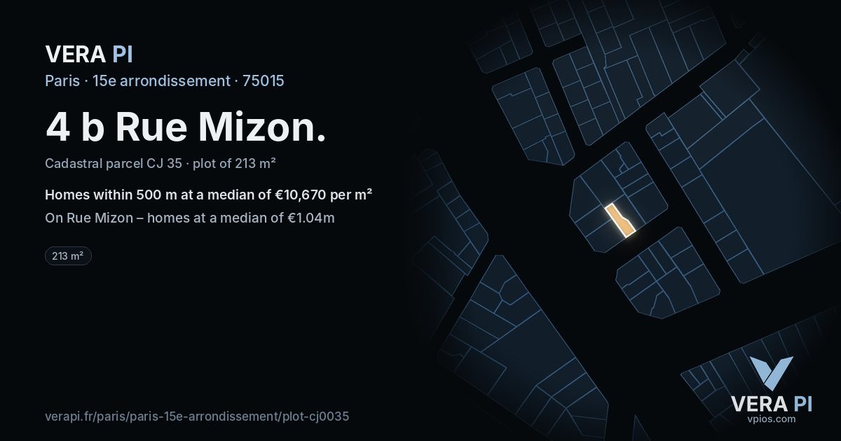 4 b Rue Mizon, 15e arrondissement at night – the plot lit, the parcels around coloured by the prices near them