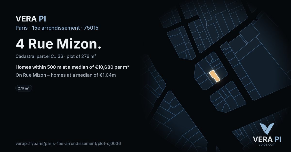 4 Rue Mizon, 15e arrondissement at night – the plot lit, the parcels around coloured by the prices near them