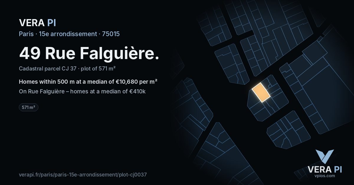 49 Rue Falguière, 15e arrondissement at night – the plot lit, the parcels around coloured by the prices near them