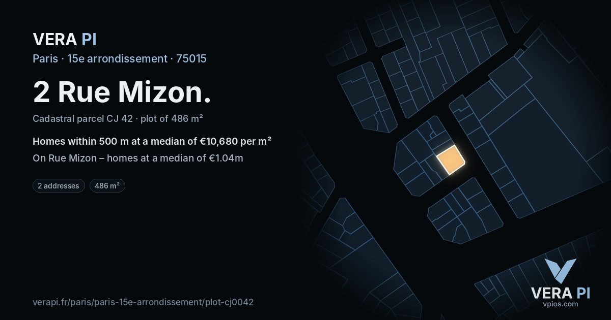2 Rue Mizon, 15e arrondissement at night – the plot lit, the parcels around coloured by the prices near them