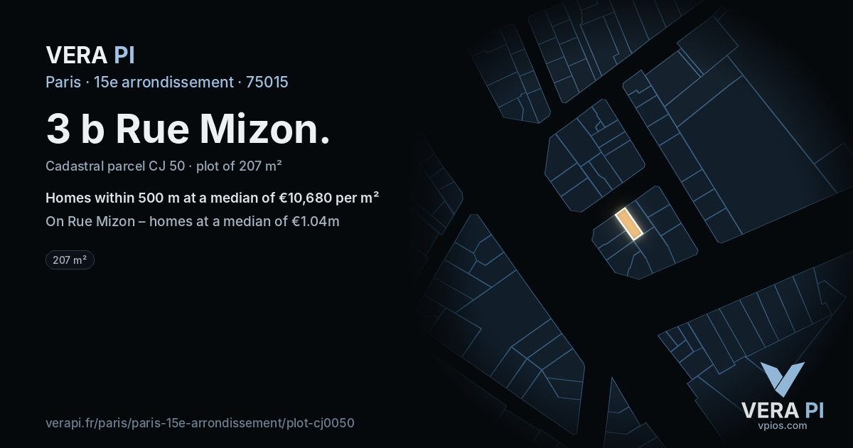 3 b Rue Mizon, 15e arrondissement at night – the plot lit, the parcels around coloured by the prices near them