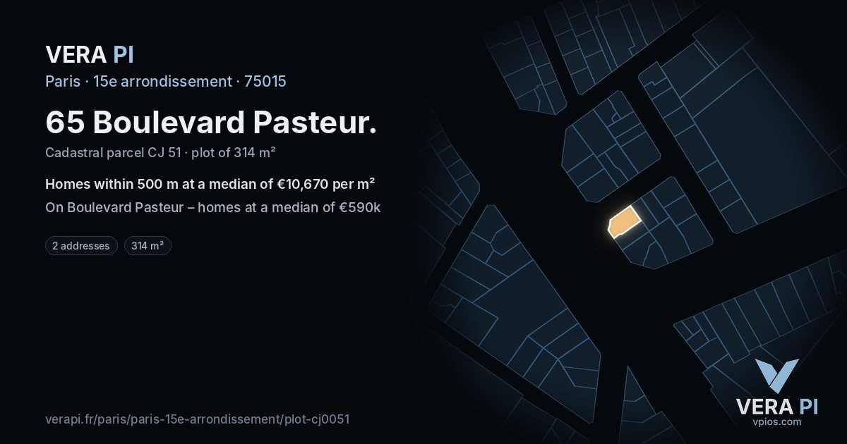 65 Boulevard Pasteur, 15e arrondissement at night – the plot lit, the parcels around coloured by the prices near them