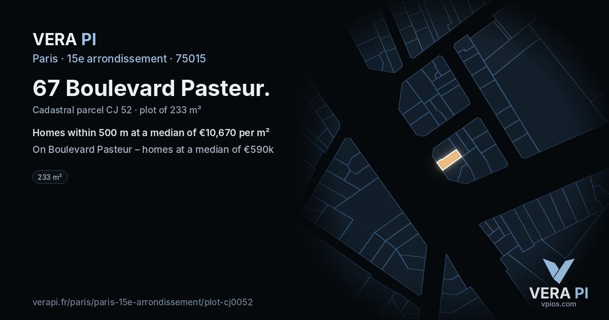 67 Boulevard Pasteur, 15e arrondissement at night – the plot lit, the parcels around coloured by the prices near them