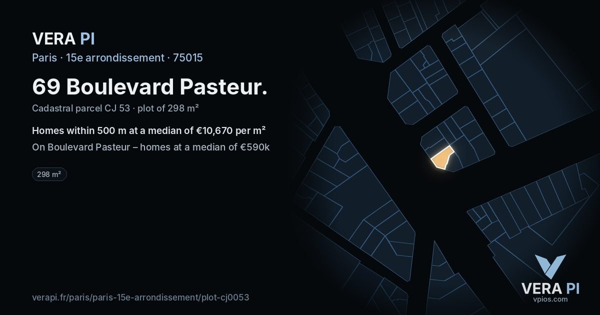 69 Boulevard Pasteur, 15e arrondissement at night – the plot lit, the parcels around coloured by the prices near them