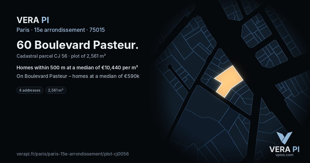 60 Boulevard Pasteur, 15e arrondissement at night – the plot lit, the parcels around coloured by the prices near them