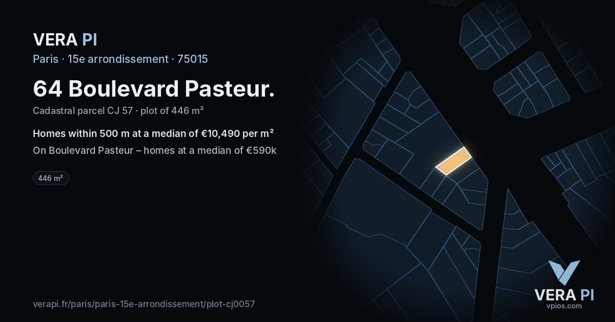 64 Boulevard Pasteur, 15e arrondissement at night – the plot lit, the parcels around coloured by the prices near them