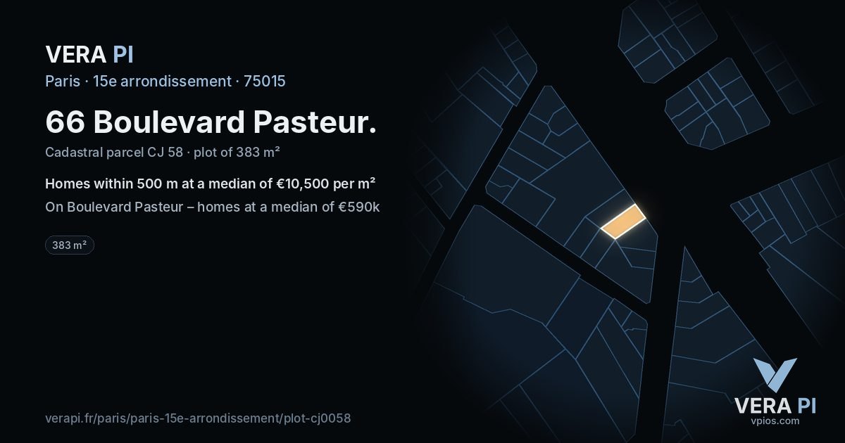66 Boulevard Pasteur, 15e arrondissement at night – the plot lit, the parcels around coloured by the prices near them