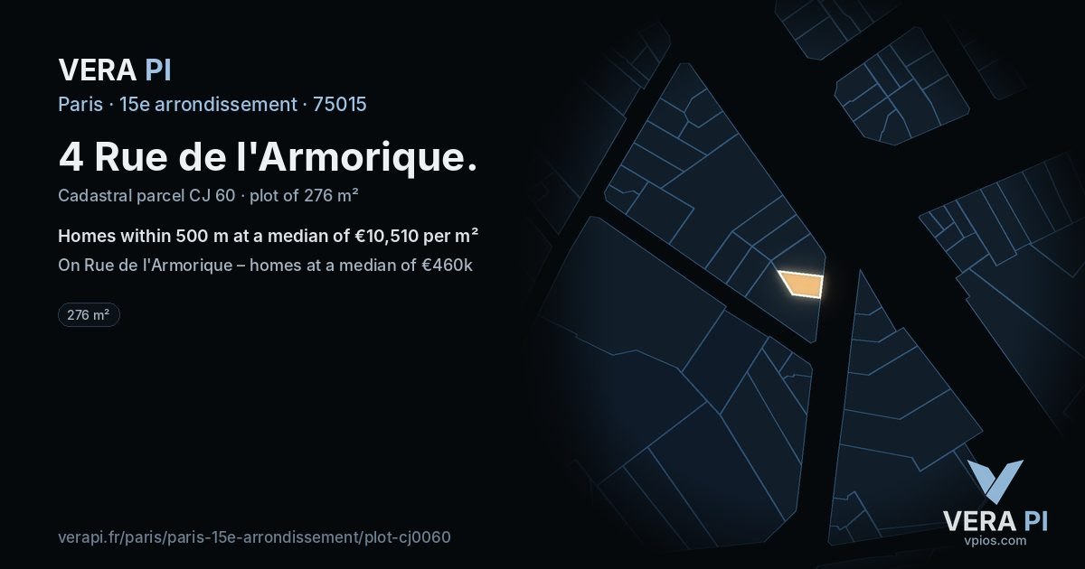 4 Rue de l'Armorique, 15e arrondissement at night – the plot lit, the parcels around coloured by the prices near them