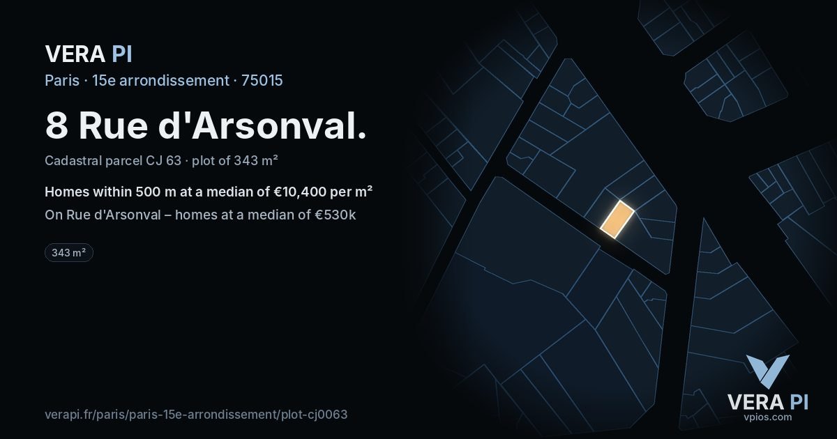 8 Rue d'Arsonval, 15e arrondissement at night – the plot lit, the parcels around coloured by the prices near them