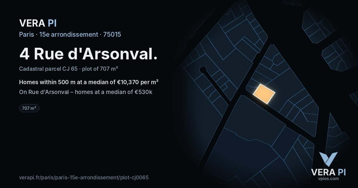 4 Rue d'Arsonval, 15e arrondissement at night – the plot lit, the parcels around coloured by the prices near them