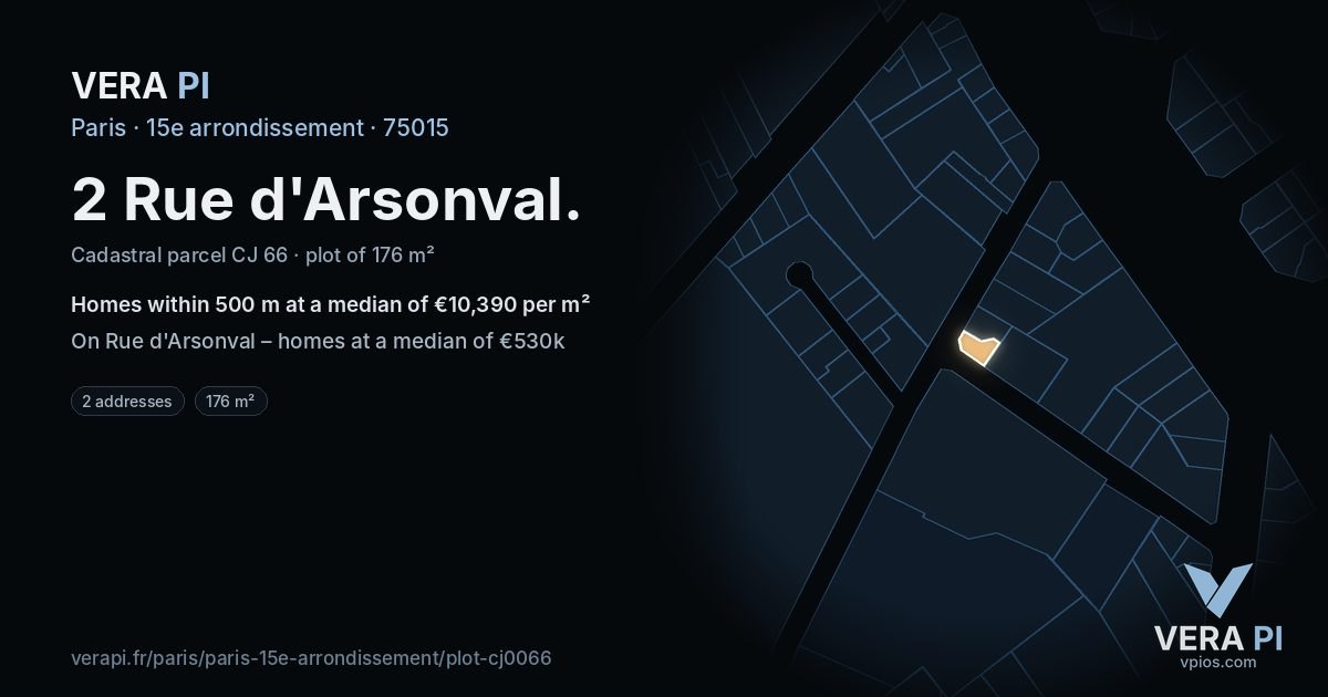 2 Rue d'Arsonval, 15e arrondissement at night – the plot lit, the parcels around coloured by the prices near them