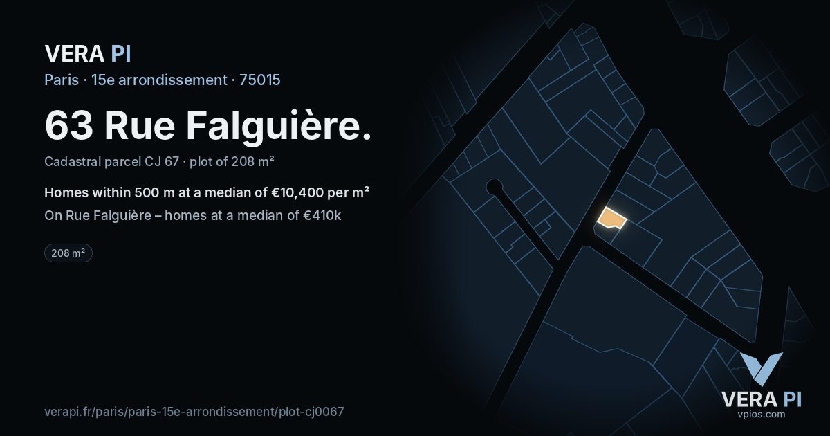 63 Rue Falguière, 15e arrondissement at night – the plot lit, the parcels around coloured by the prices near them