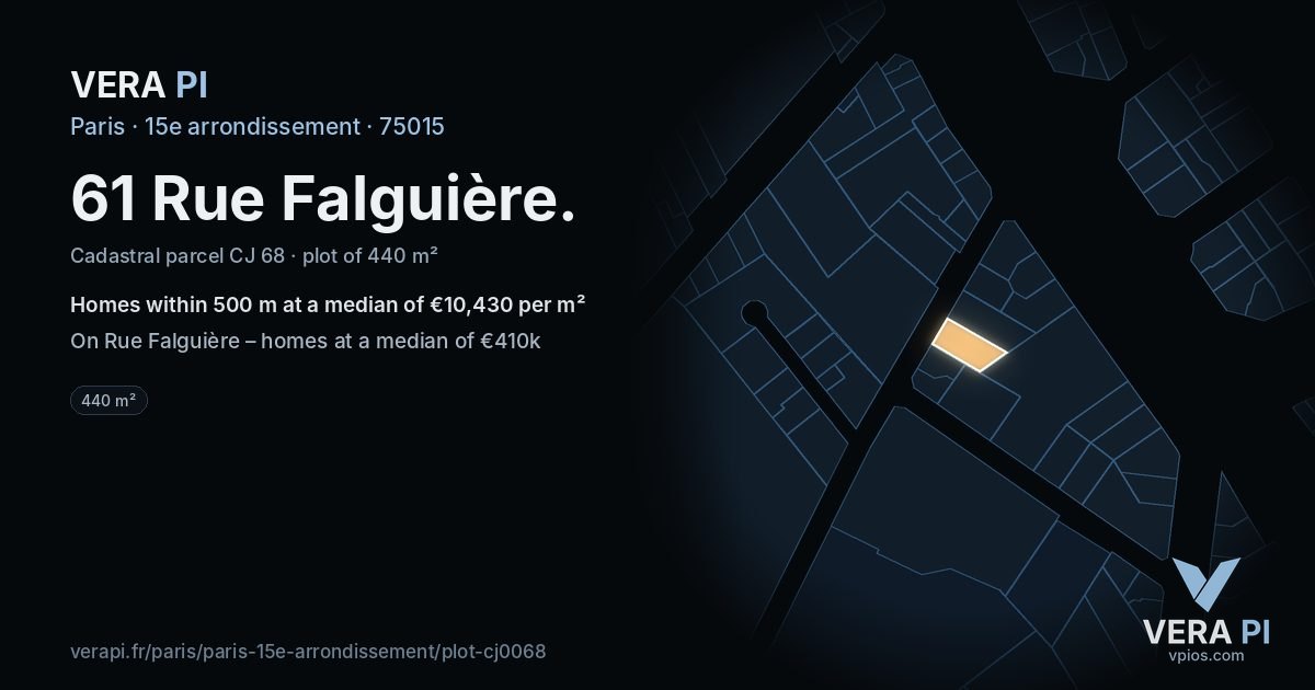 61 Rue Falguière, 15e arrondissement at night – the plot lit, the parcels around coloured by the prices near them
