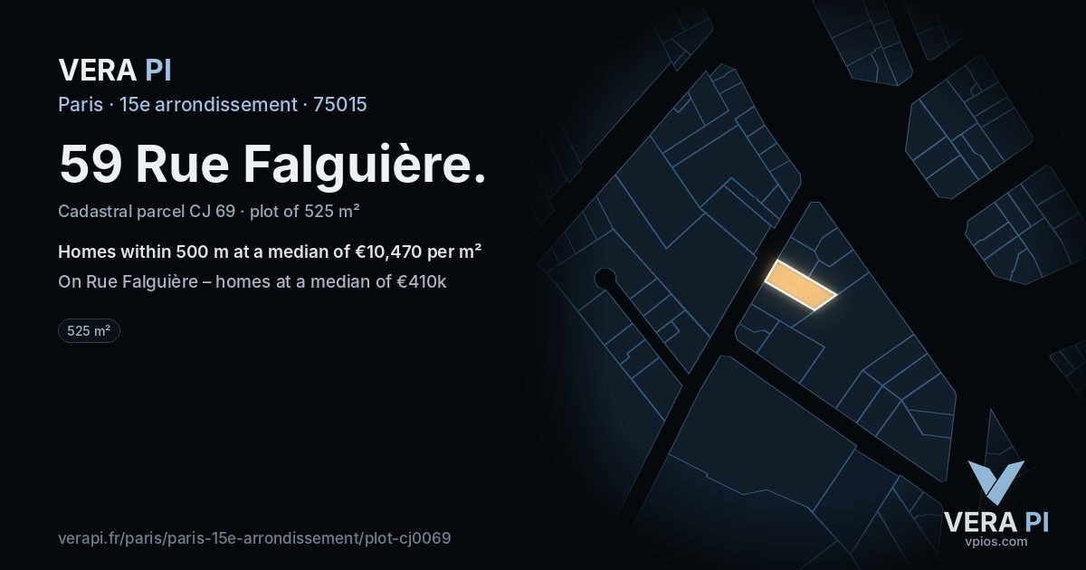 59 Rue Falguière, 15e arrondissement at night – the plot lit, the parcels around coloured by the prices near them