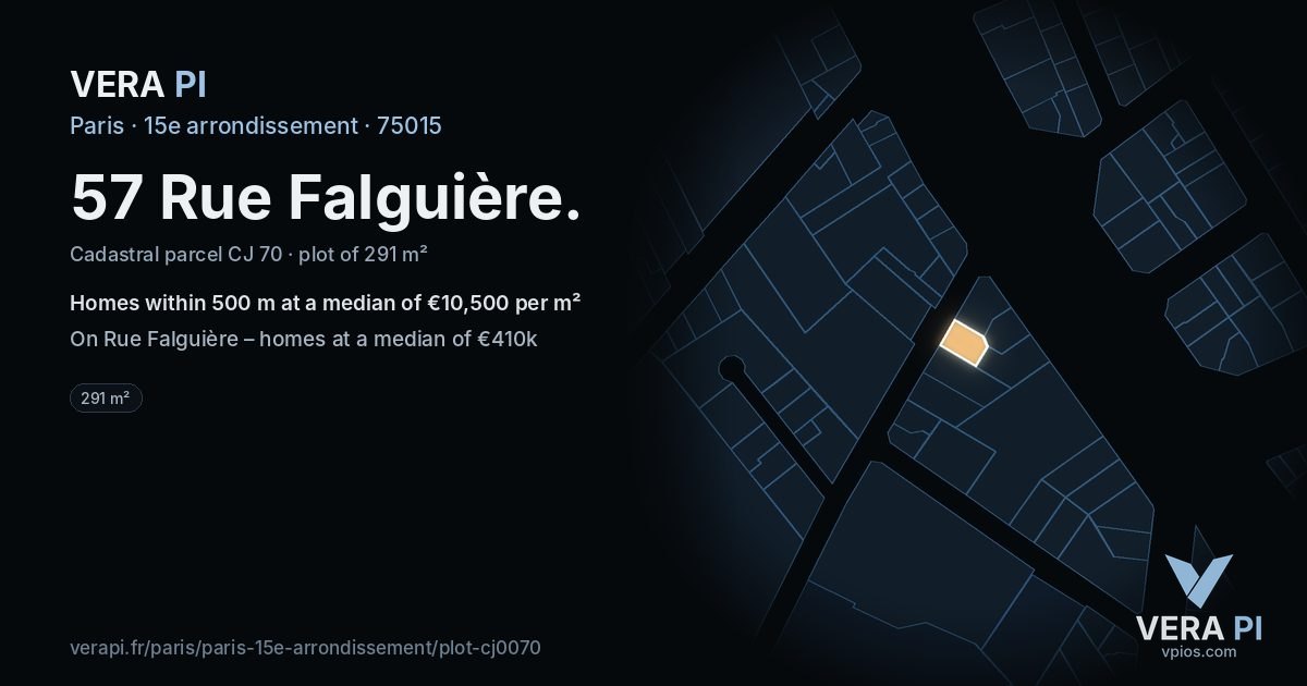 57 Rue Falguière, 15e arrondissement at night – the plot lit, the parcels around coloured by the prices near them