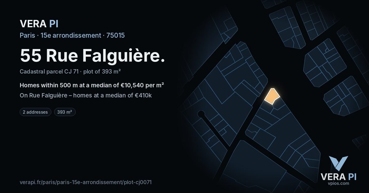 55 Rue Falguière, 15e arrondissement at night – the plot lit, the parcels around coloured by the prices near them