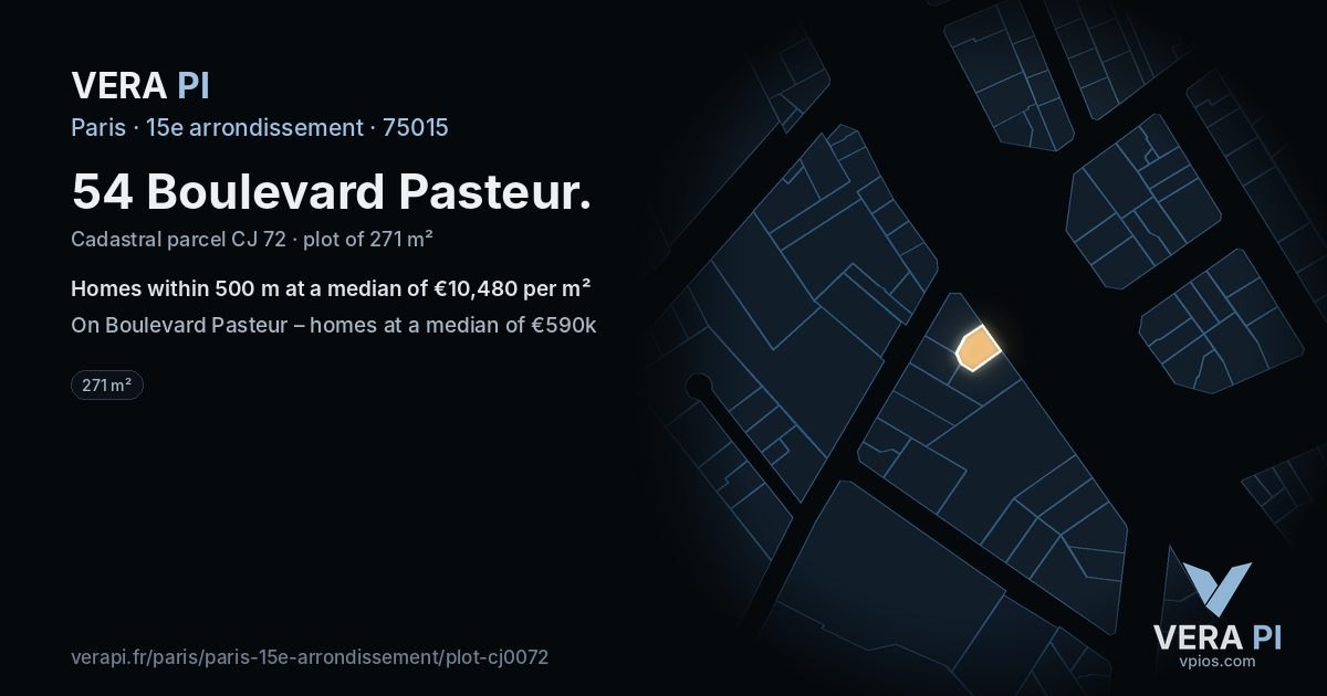 54 Boulevard Pasteur, 15e arrondissement at night – the plot lit, the parcels around coloured by the prices near them