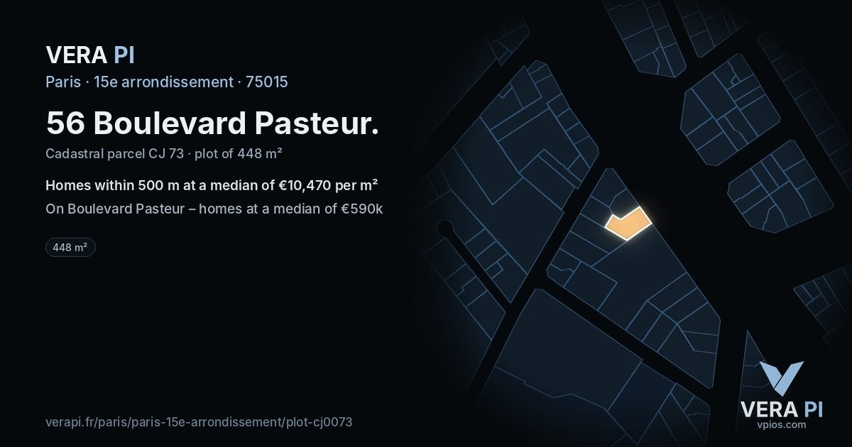 56 Boulevard Pasteur, 15e arrondissement at night – the plot lit, the parcels around coloured by the prices near them